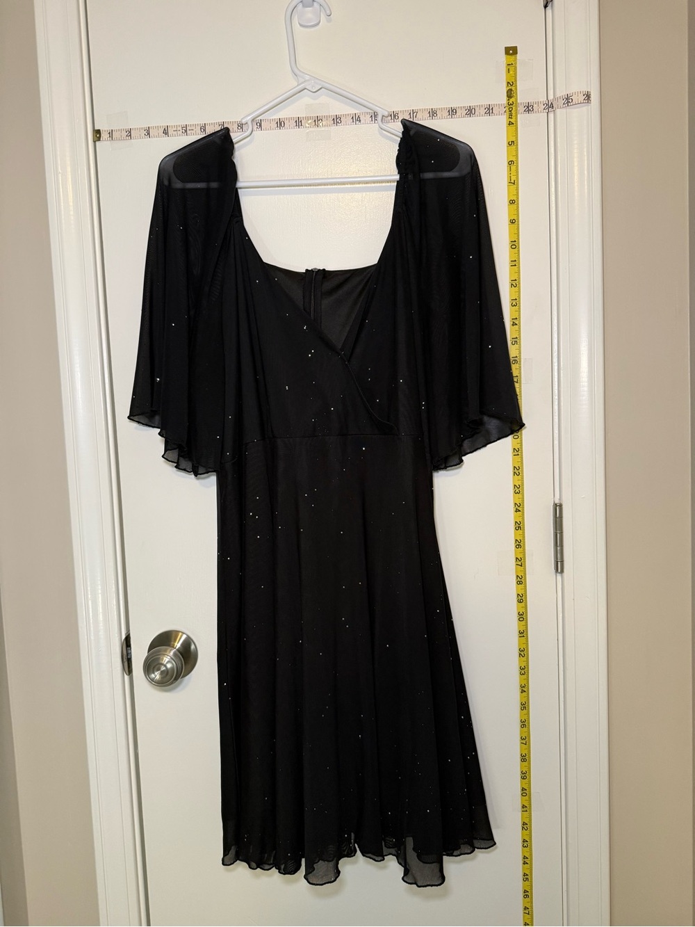 Plus Size Elegant Black Sparkly Flutter-Sleeve Evening Dress